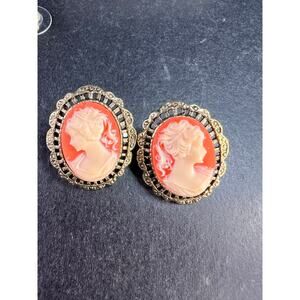 Vintage Carved Shell Cameo Stud Earrings Gold Tone Victorian Revival